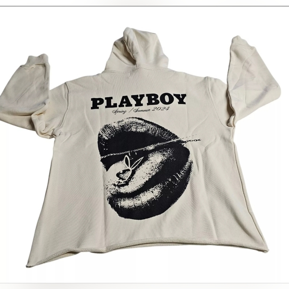 Homme Femme x Playboy Tongue Tied Cut Hem Cream Hoodie Size Small NWT